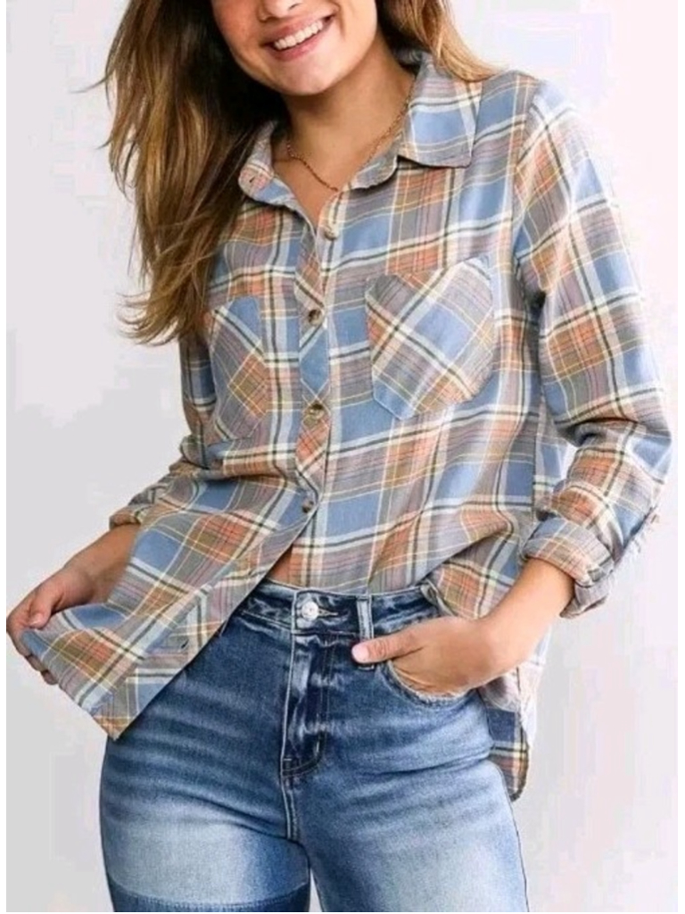 Bke Plaid Flannel Shirt Sz S Dusty Blue Orange Olive Button Front Layer Casual